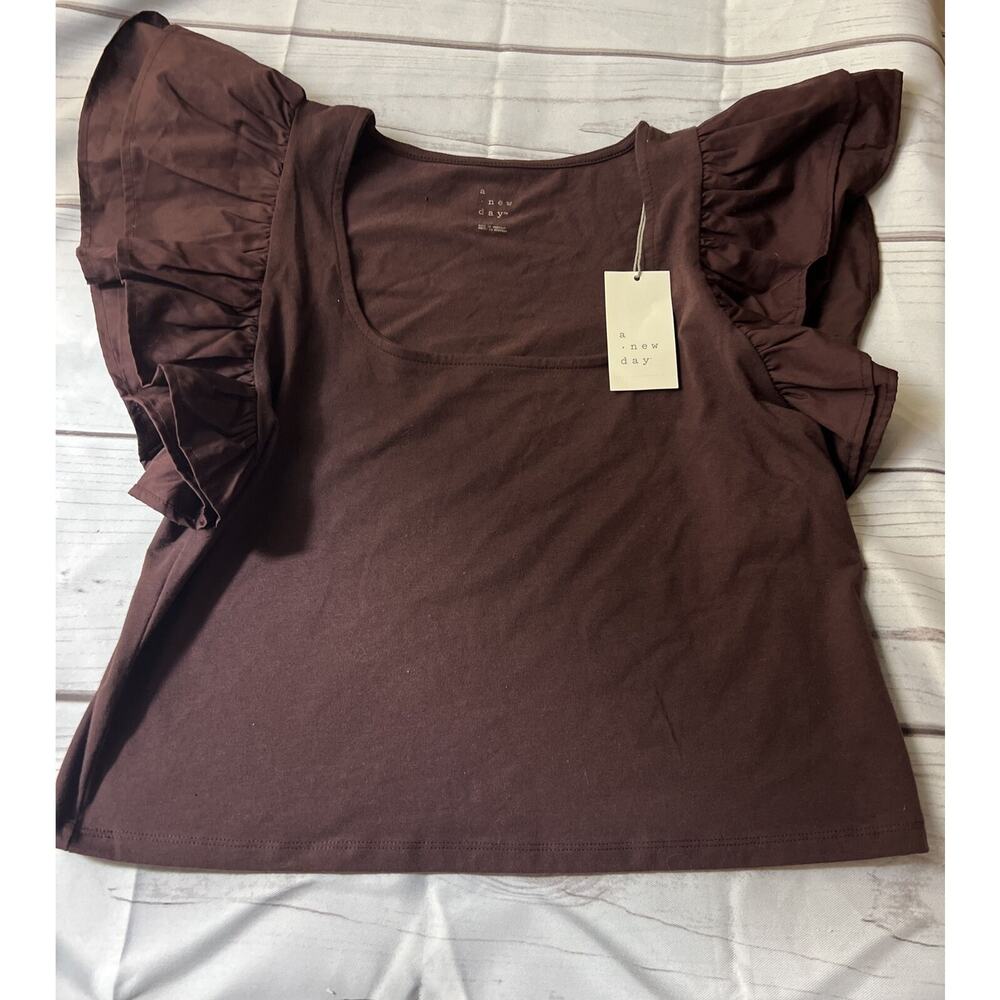 A New Day Crop Top Double Flutter Short Sleeve Slim Fit Brown Cotton Women’s L - Picture 4 of 7
